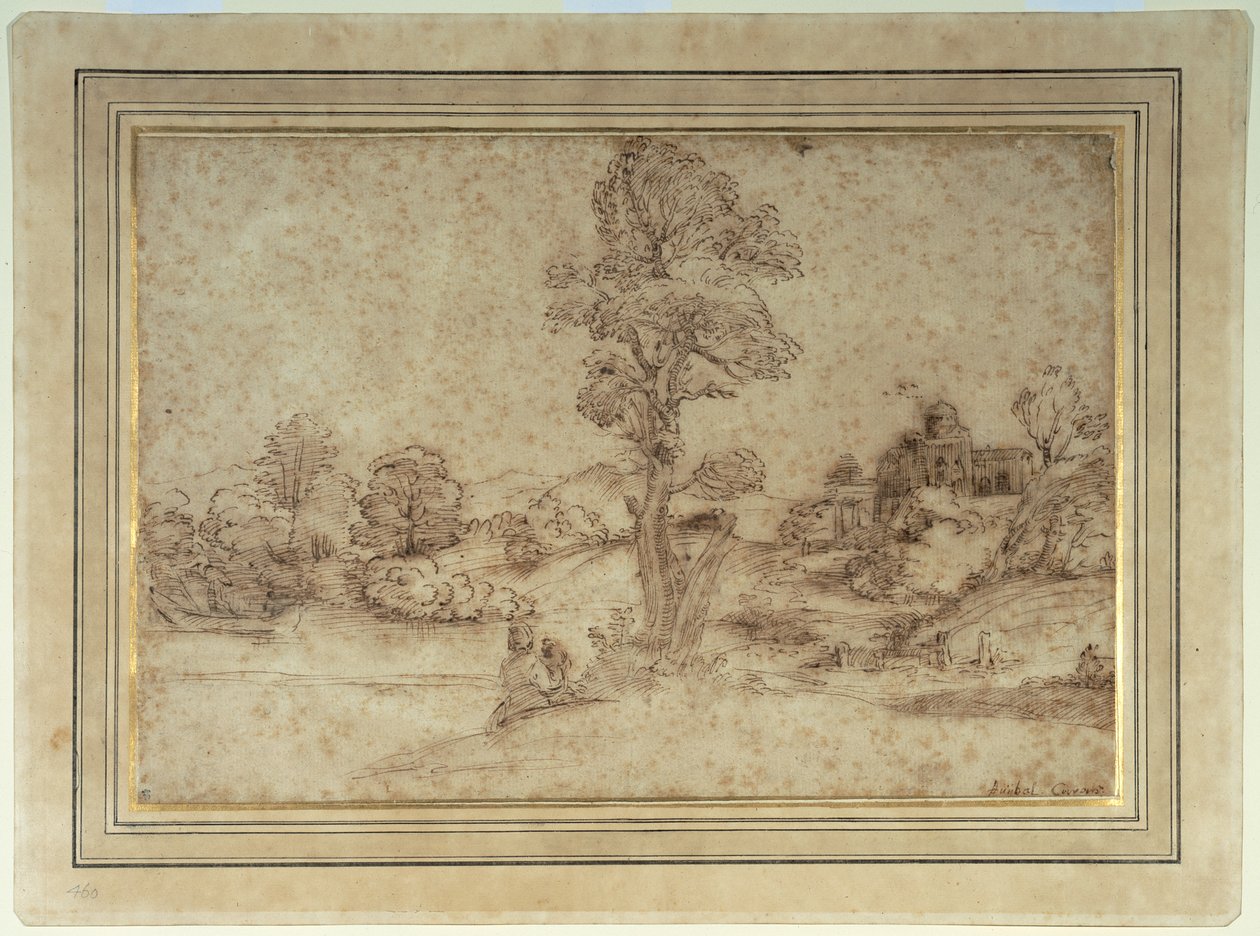 Landskap med en sjö och byggnader, en mor och ett barn vid ett träd (penna & brunt bläck på papper) av Pietro Paolo (attr. to) Bonzi