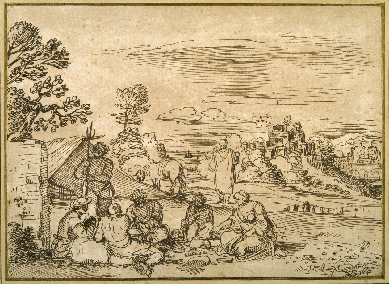 Landskap med zigenare som bivackar (penna och brunt bläck på papper) av Pietro Paolo (attr. to) Bonzi