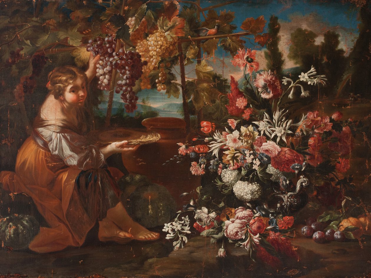 En flicka bland blommor och frukt av Pietro Paolo Bonzi