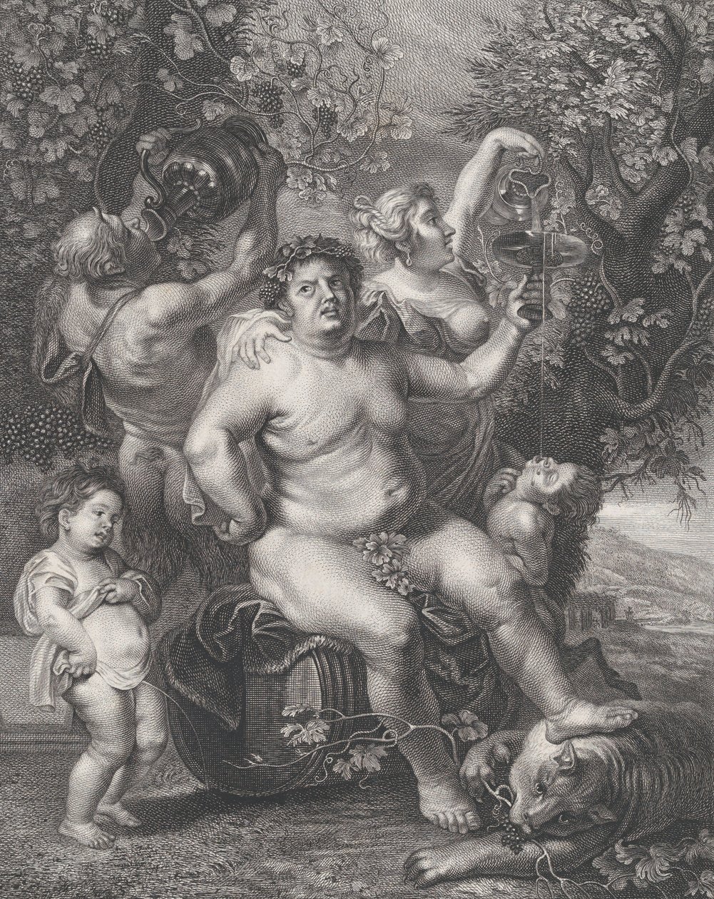 Bacchus sittande på en tunna framför vinrankor, med bacchanter, satyrer och barn s..., 1758. av Pietro Peiroleri