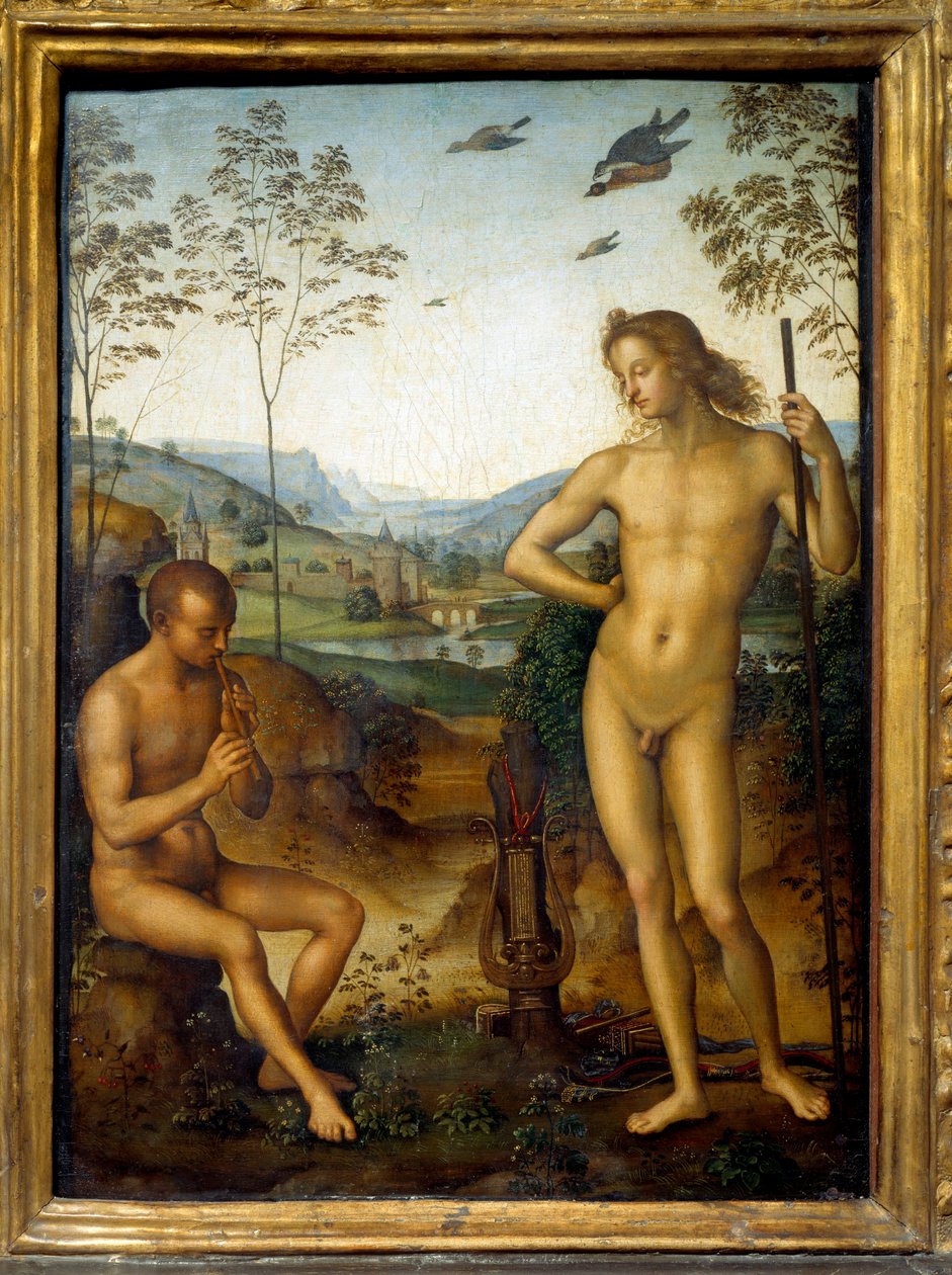 Apollo och Marsyas "" Marsyas spelar flöjt före Apollo, kung av lyran, genom utmaning. Målning av Pietro Vannucci av Perugino (1450-1523) Sön. 0,39x0,29 m av Pietro Perugino