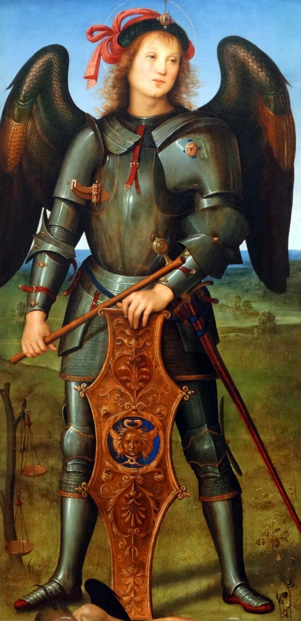 Detalj från målningen med titeln "Jungfrun och barnet med en ängel, ärkeängeln Rafael med Tobias och ärkeängeln Mikael" av Pietro Perugino