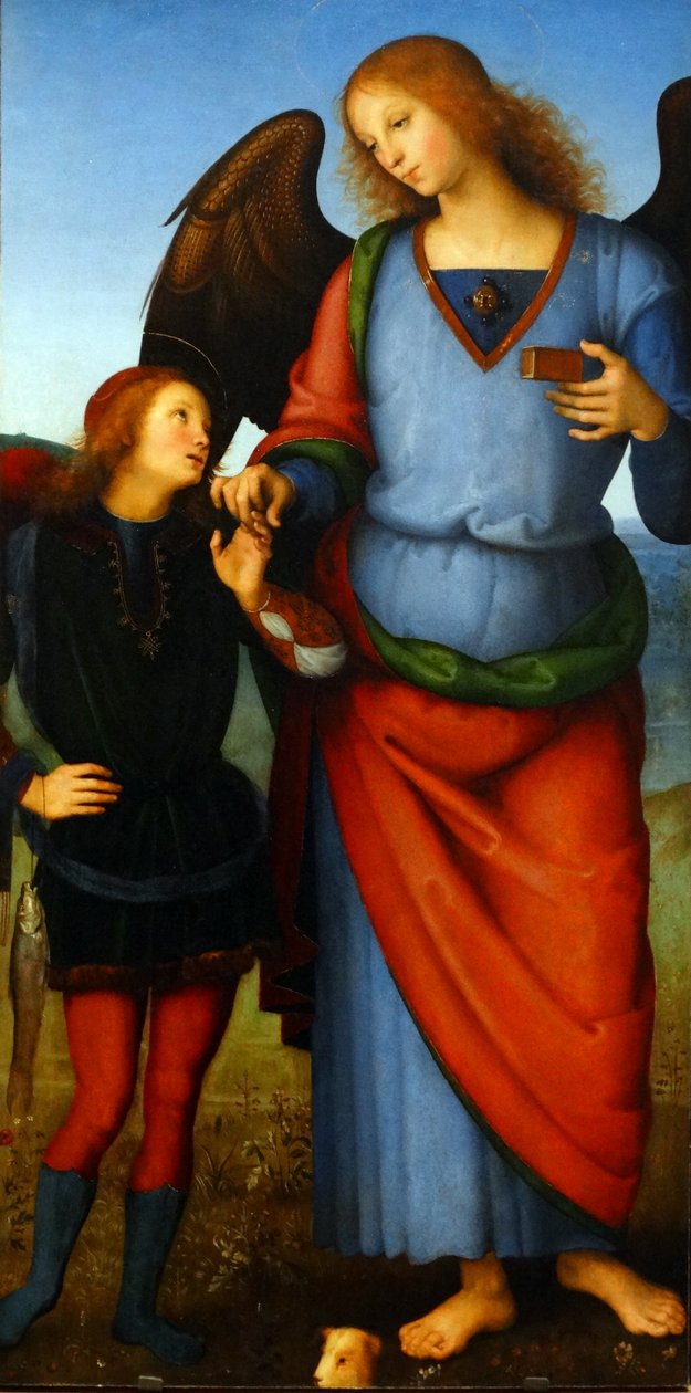 Detalj från målningen med titeln "Jungfrun och barnet med en ängel, ärkeängeln Rafael med Tobias och ärkeängeln Mikael" av Pietro Perugino