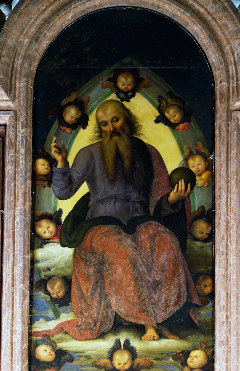 Gud Faderns välsignelse, detalj från Polyptyken av Certosa av Pavia av Pietro Perugino