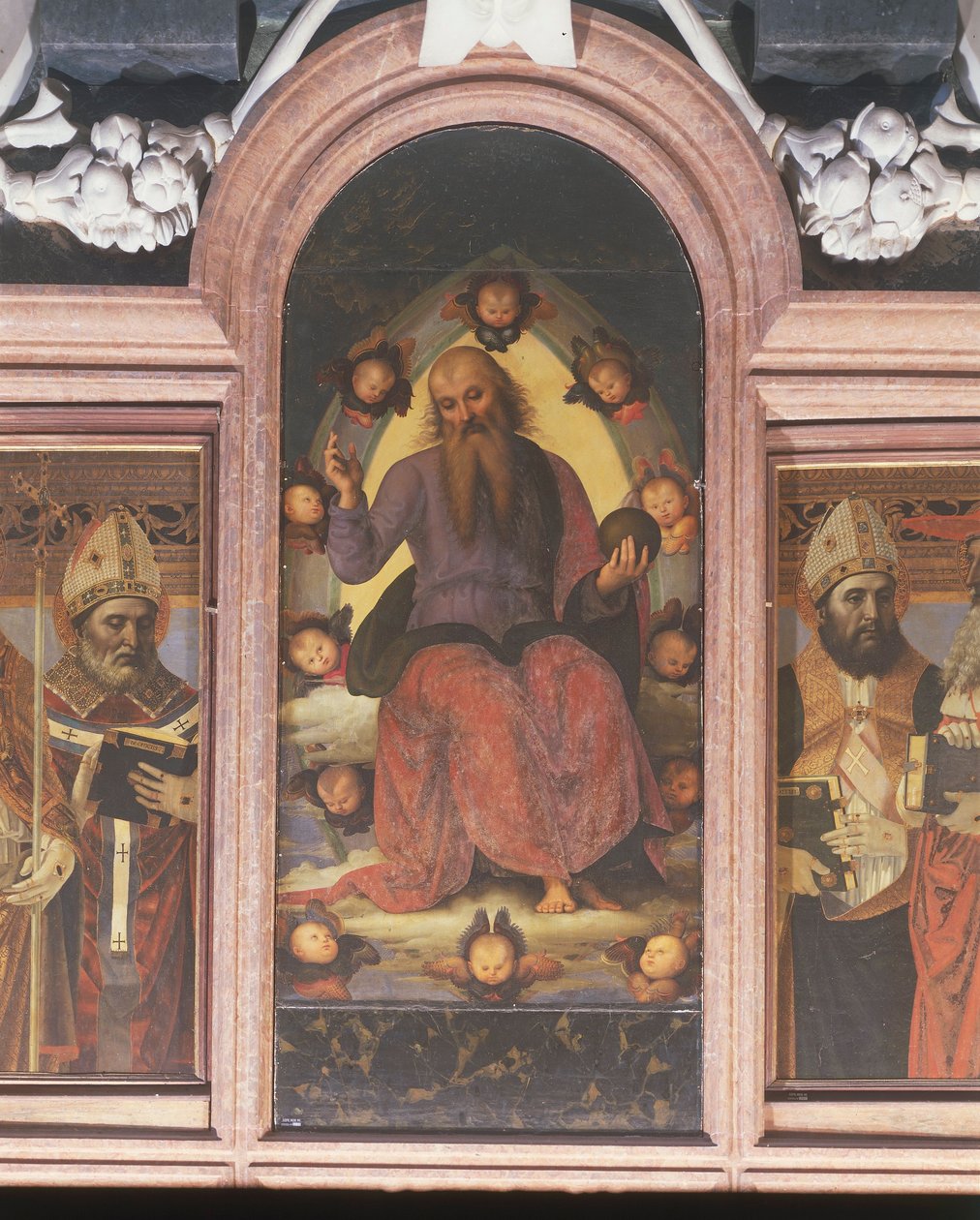 Italien, Lombardiet, Pavia Charterhouse (Certosa), andra kapellet till vänster, polyptyk med Benedictory Eternal Fader av Pietro Vannucci eller Perugino av Pietro Perugino