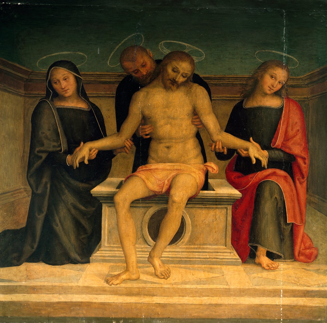 Lamentation over the Dead Christ, av Perugino (ca 1450-1523), fresk, Basilica of Saint Peter, Perugia, Umbrien. Italien av Pietro Perugino