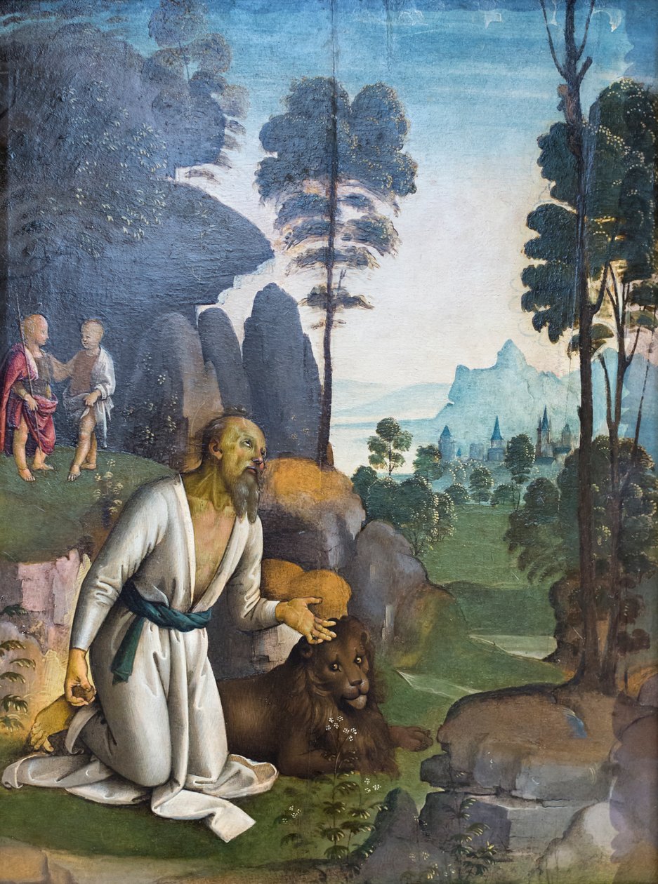 Ångerfulla helgonet Hieronymus med spädbarnet Jesus och heliget Johannes Döparen som barn (olja på panel) av Pietro Perugino