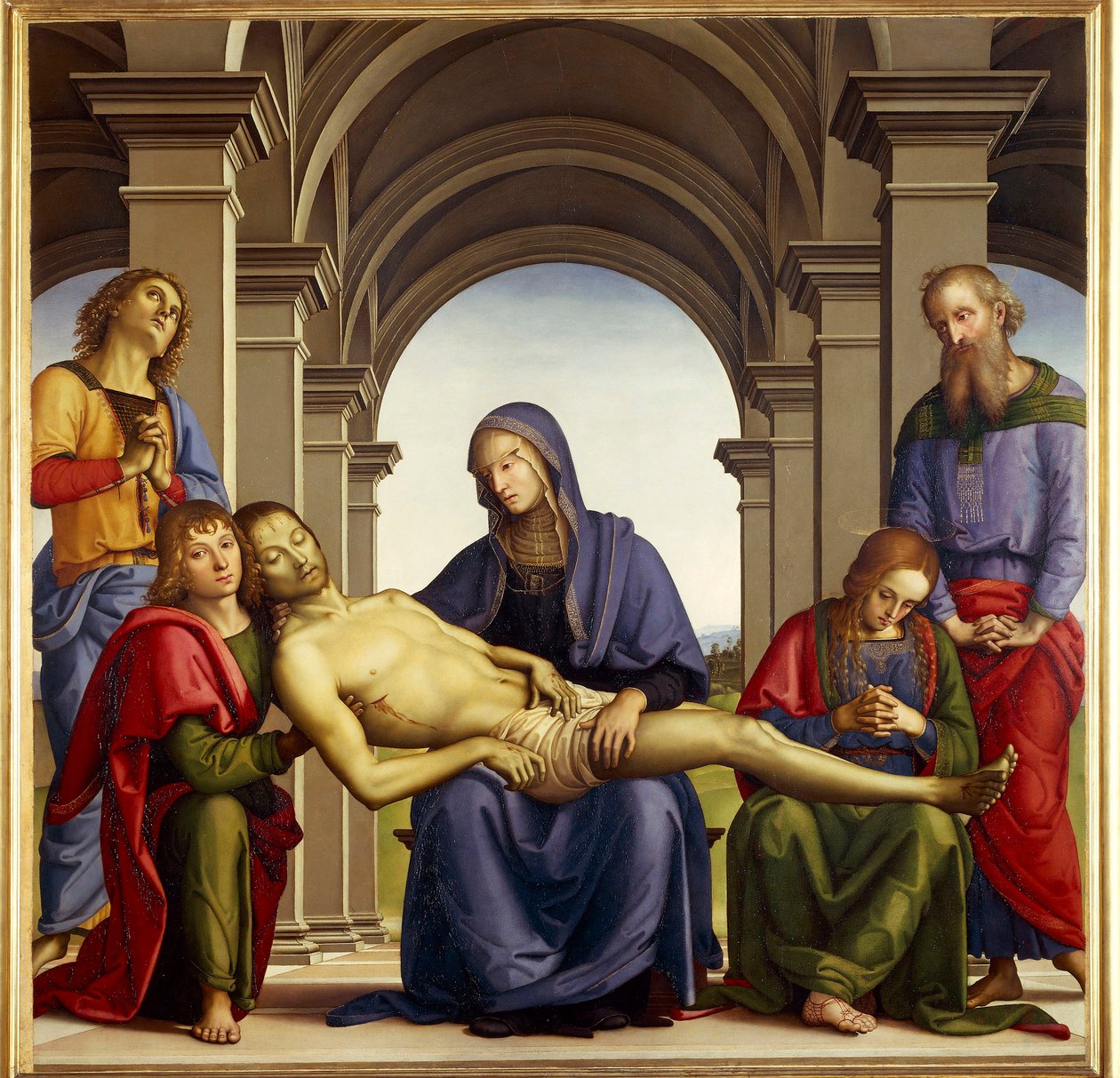 Pieta Avbildas runt Jesu Kristi kropp: Sankt Josef av Arimathia, Sankt Nikodema, Sankta Maria Magdalena, Sankt Johannes och Jungfru Maria. Målning av Pietro di Cristoforo Vannucci dit Le Perugin (Il Perugino av Pietro Perugino