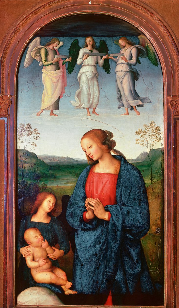 Polyptic of the Chartreuse of Pavia: "" Madonna har barnet och tre änglar"" Målning av Pietro Vannucci dit il Perugino (The Perugin av Pietro Perugino