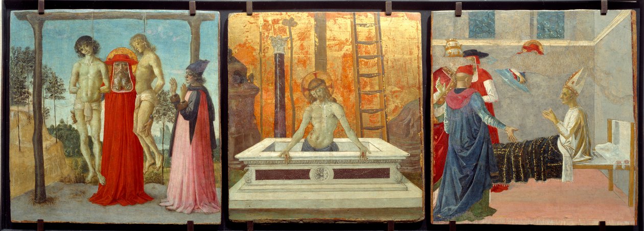Saint Hieronymus stöder två orättvist hängda unga män, "Kristus vid graven" och "Saint Hieronymus återuppväcker kardinal Andrea". Målning på trä tillskriven Pietro Vannucci dit il Perugino (Le Perugin av Pietro Perugino