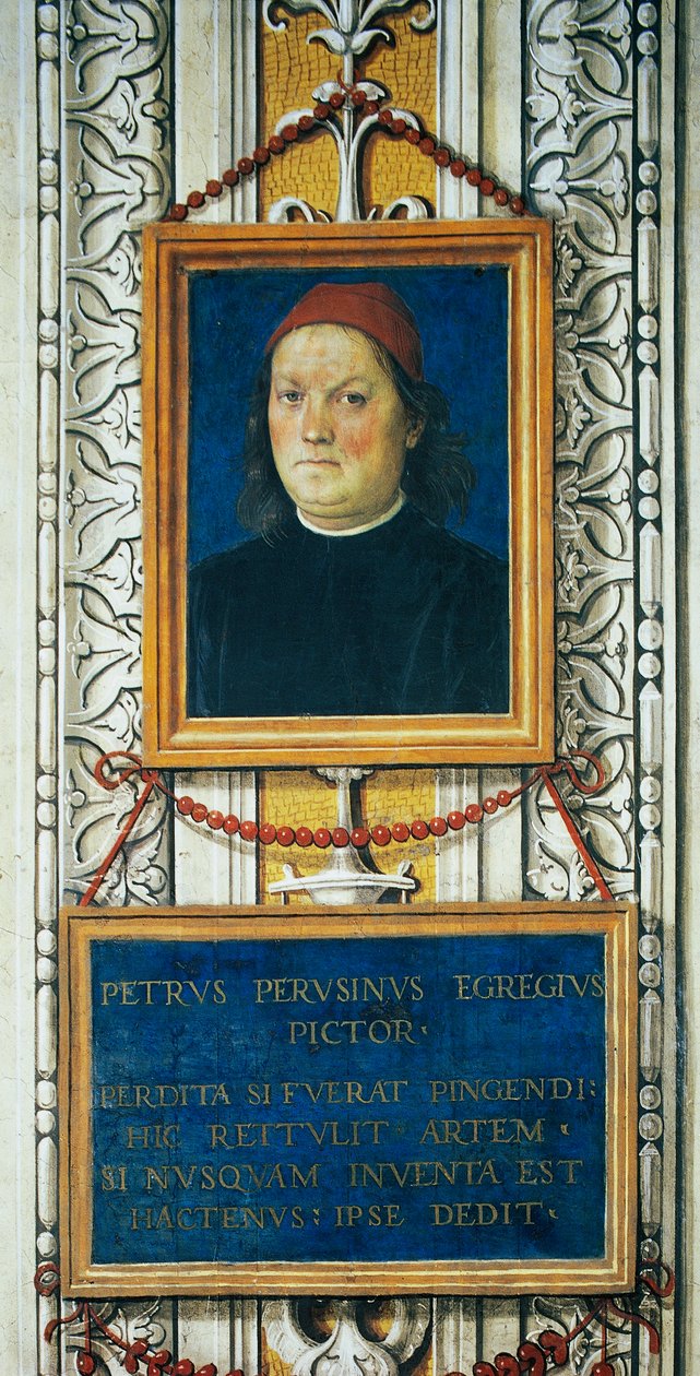 Självporträtt och titelblock av Pietro Perugino