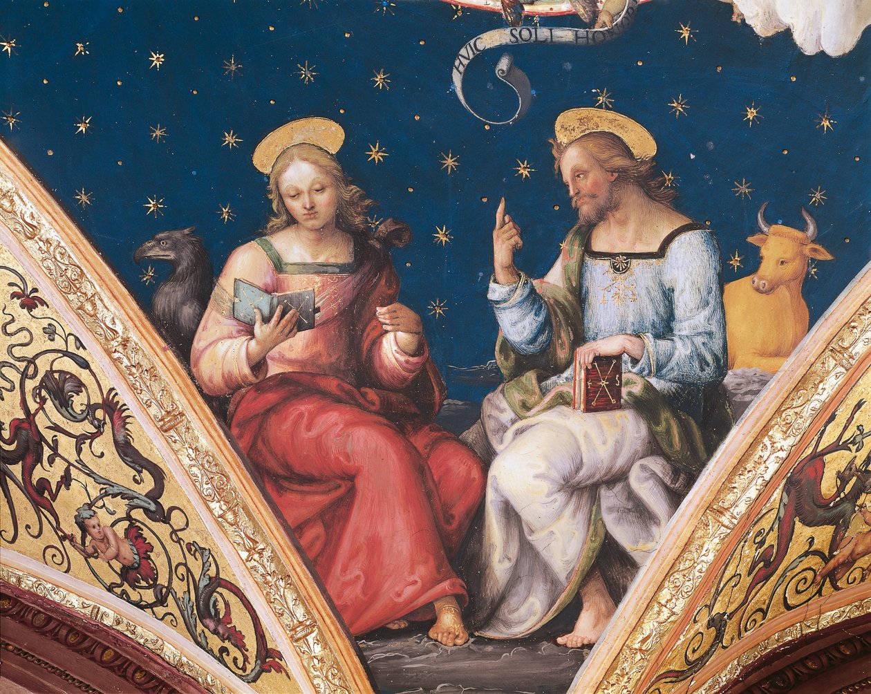 Lukas och Johannes, detalj från Den evige fadern, med helgon och evangelister. av Pietro Perugino