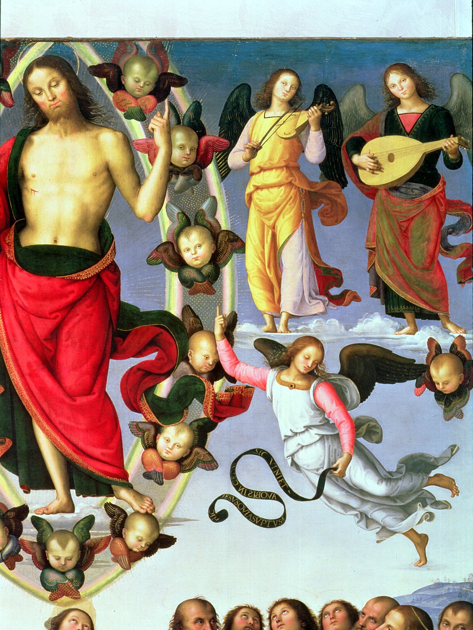 Kristi himmelsfärd, detalj av Kristus och musikeränglar, övre högra sektionen, 1495-98 olja på paneldetalj av 89700 av Pietro Perugino