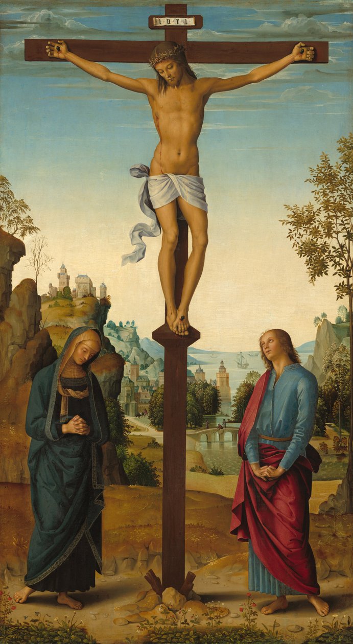 Korsfästelsen med jungfrun, Sankt Johannes, Sankt Hieronymus och Sankta Maria Magdalena [mittpanelen] av Pietro Perugino