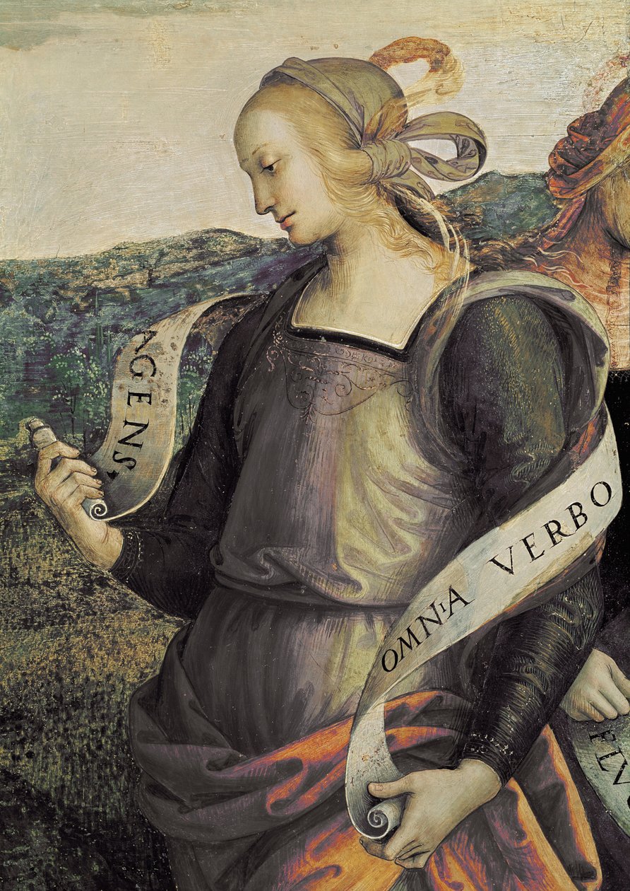 Erythraean Sibyll. Detalj av Den evige fadern omger profeter och sibyllor (Fresco av Pietro Perugino