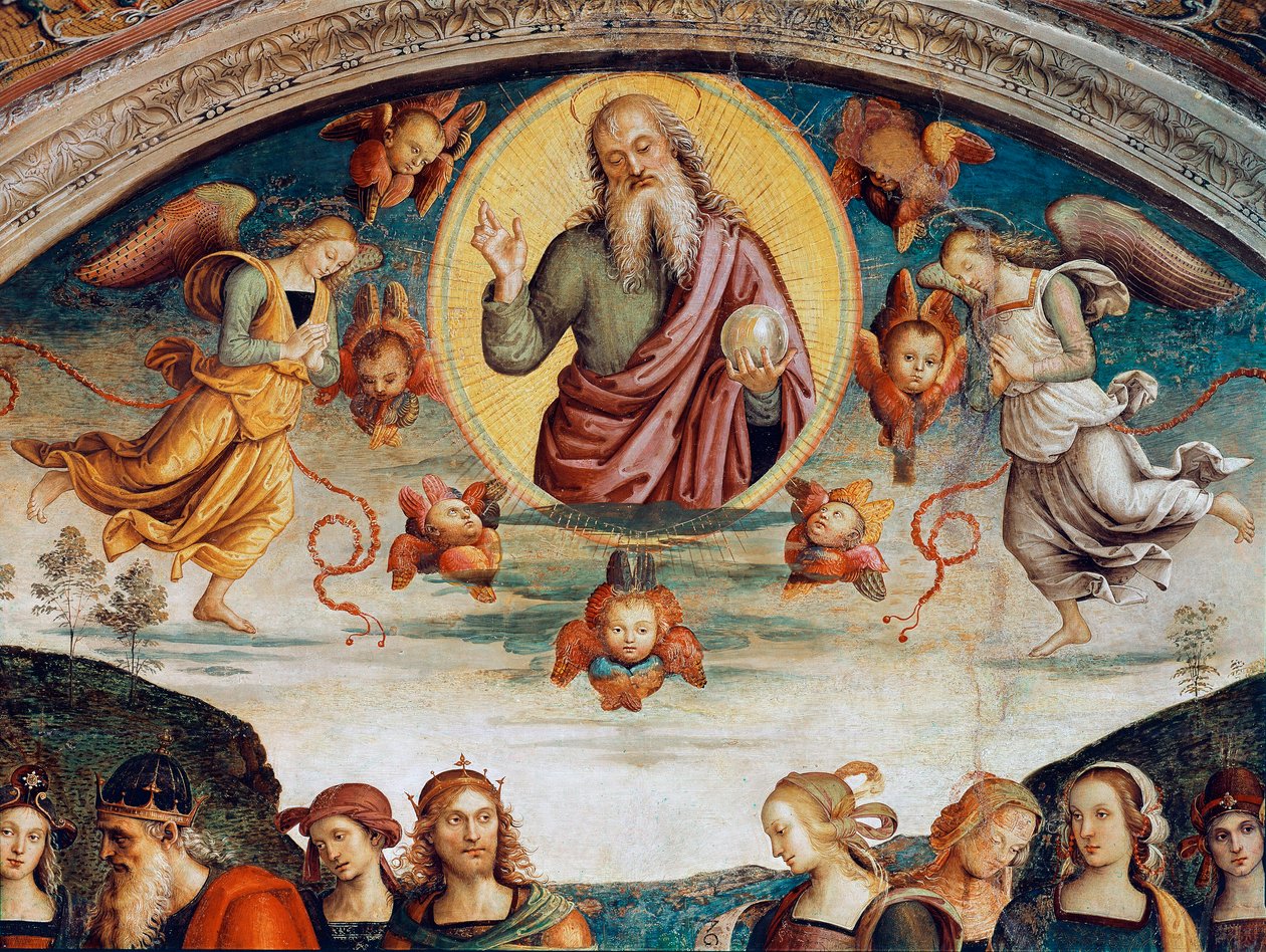 Herren omger med profetior och sibyller Detalj som representerar Herren den Allsmäktige. Fresk av Pietro Vannucci dit il Perugino (Perugin) (1448-1523) 1500 Dim. 229x370 cm Perugia, Collegio del Cambio av Pietro Perugino