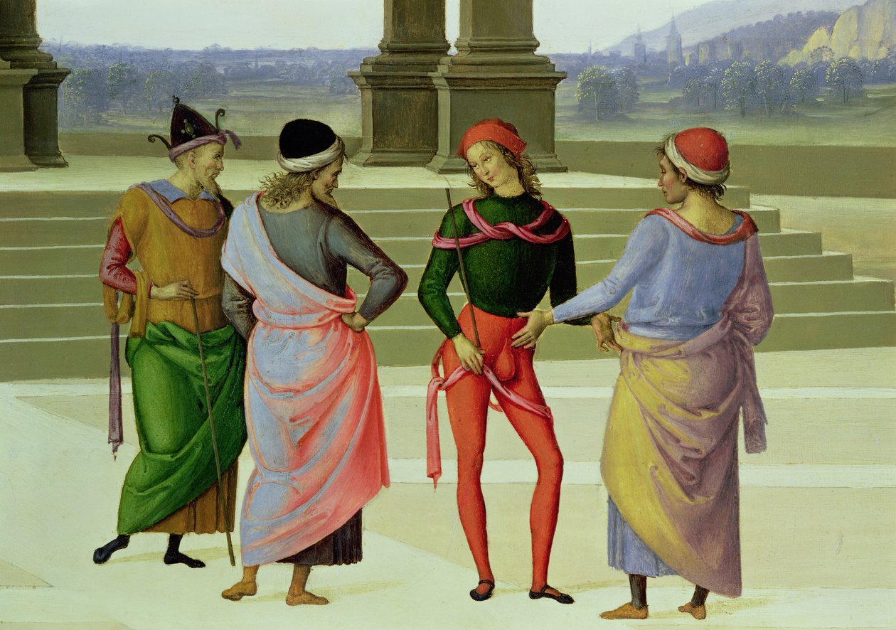 Jungfruns äktenskap, detalj av fyra män i samtal, 1500-04 olja på duk detalj av 53750 av Pietro Perugino