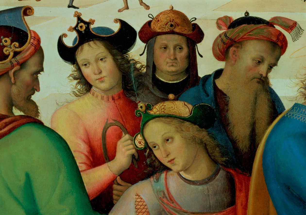 Jungfruns äktenskap, detalj av friarna, 1500-04 olja på paneldetalj av 53750 av Pietro Perugino