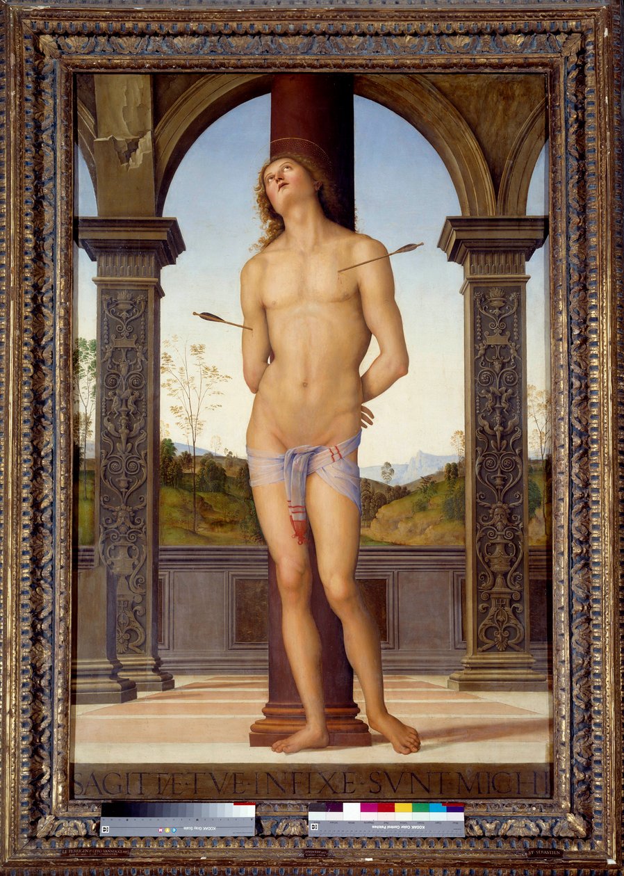 San Sebastians martyrskap Målning av Pietro di Cristoforo Vannucci (Le Perugin eller Il Perugino) (1446-1523) 1500-talet sön 1,76x1,16 m - San Sebastians martyrskap (eller St Sebastian). Målning av Pietro av Cristoforo Vannucci (Il Perugino eller Le av Pietro Perugino
