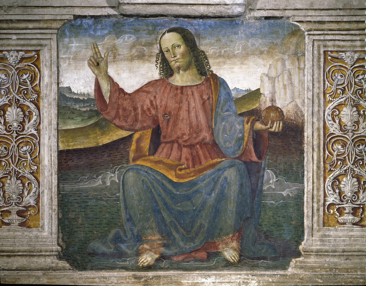 Återlösaren, Jesus som håller i jordklotet och räcker upp sin hand som ett tecken på välsignelse (Fresco av Pietro Perugino