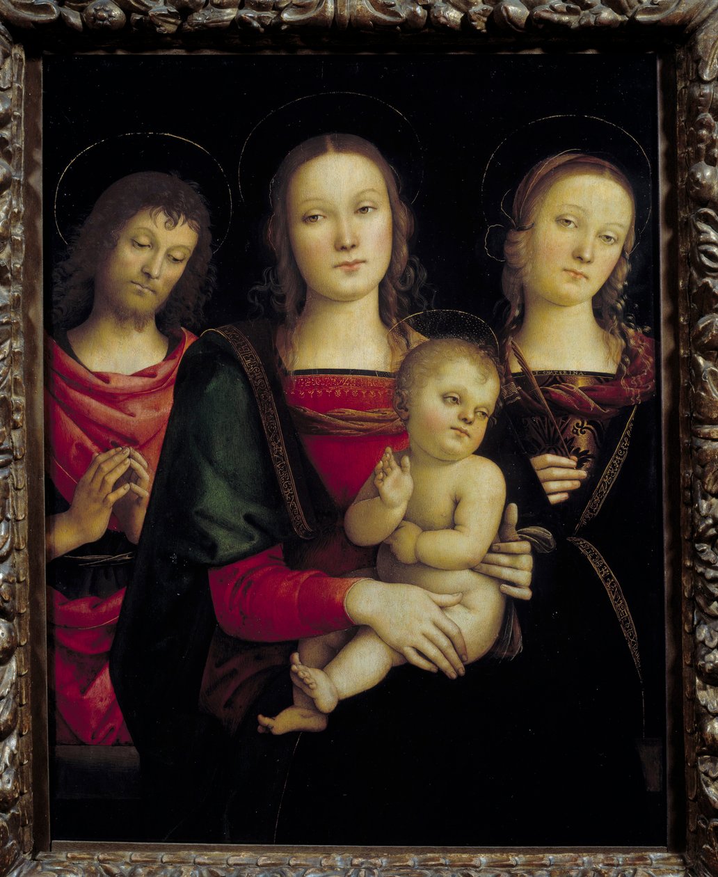 Jungfrun och barnet omgiven av Johannes Döparen och Saint Catherine Målning av Pietro Vannucci dit il Perugino (Le Perugin av Pietro Perugino