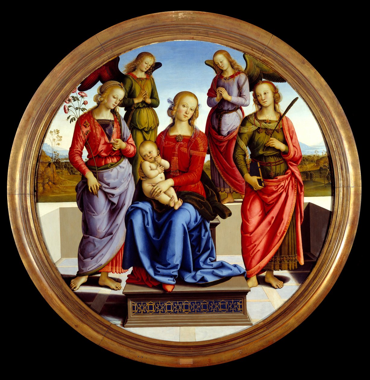 Jungfrun och barnet omgiven av två änglar, Saint Rose och Saint Catherine. Målning av Pietro Vannucci dit il Perugino (The Perugin av Pietro Perugino