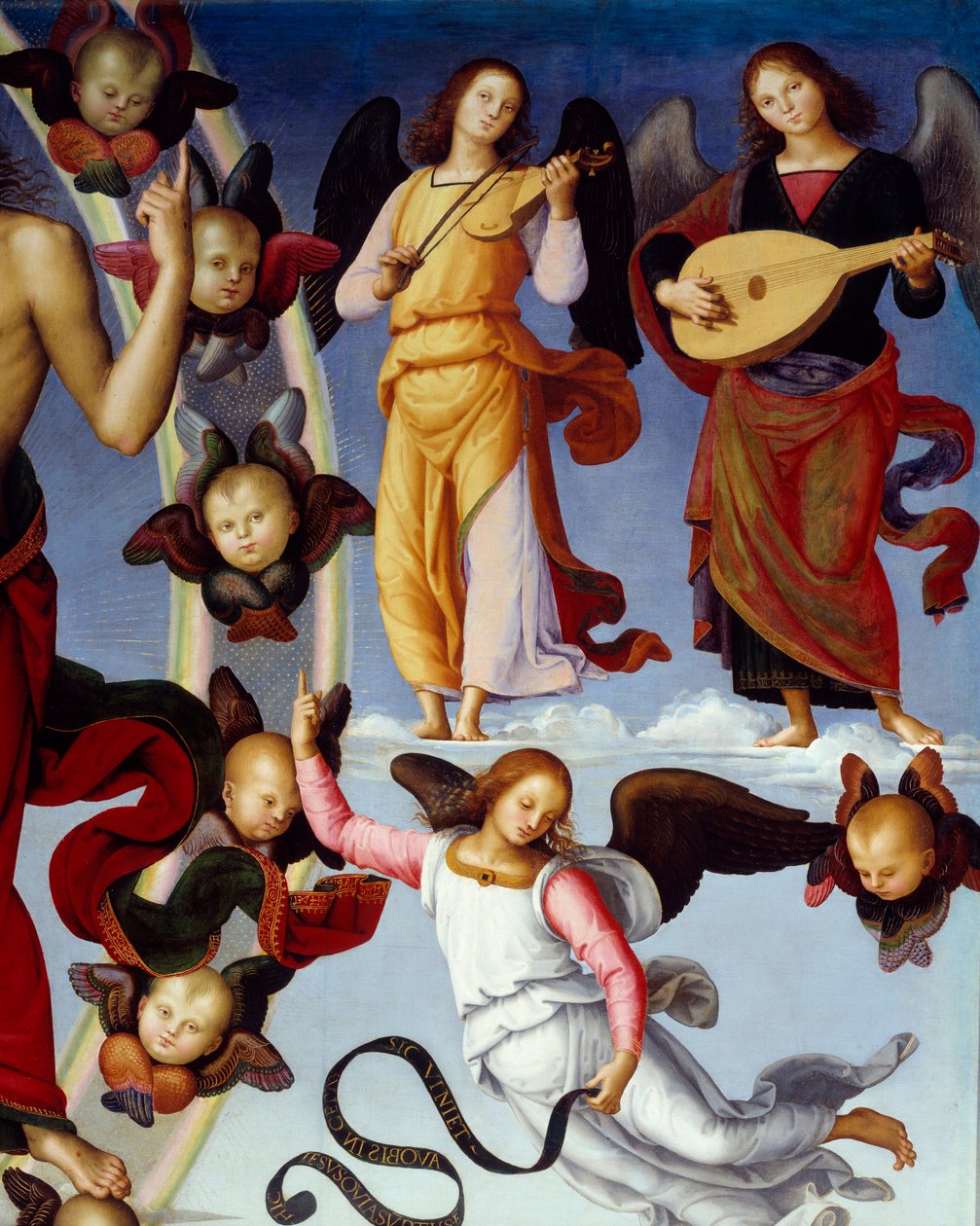 Kristi himmelsfärd Detalj som representerar musikaliska änglar. Målning av Pietro Vannucci dit Il Perugino (The Perugin) (1450-1523) 1496 Lyon, Museum of Fine Arts av Pietro Perugino
