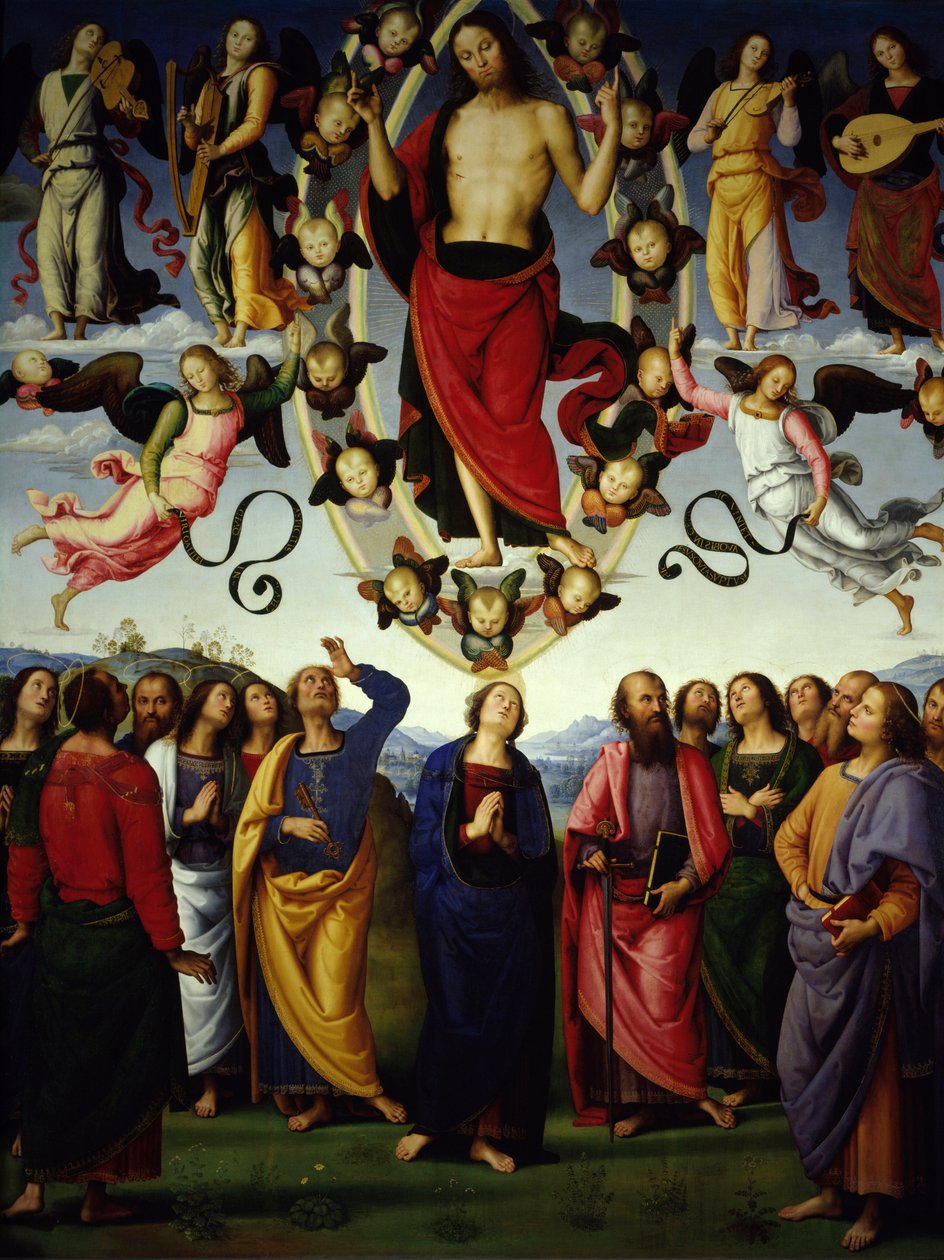 Kristi himmelsfärd Jesu Kristi himmelsfärd representeras i en mandorla. Detalj. Målning av Pietro Vannucci dit Il Perugino av Pietro Perugino