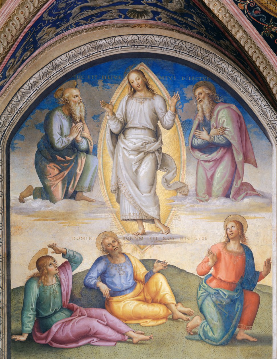 Förvandlingen: Kristus klädd i vitt är omgiven av Moses och Elia, nedanför aposteln Johannes, Petrus och Jakob av Pietro Perugino
