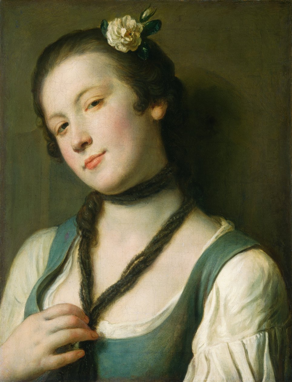 En flicka med en blomma i håret, 17601762. av Pietro Antonio Rotari