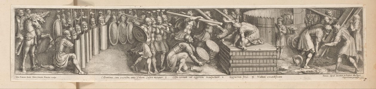 Soldater slog läger Constantinus, cum exercitu, ante Urbem Castra metatur (titel på objekt) Kejsar Konstantins historia (serietitel) av Pietro Sante Bartoli