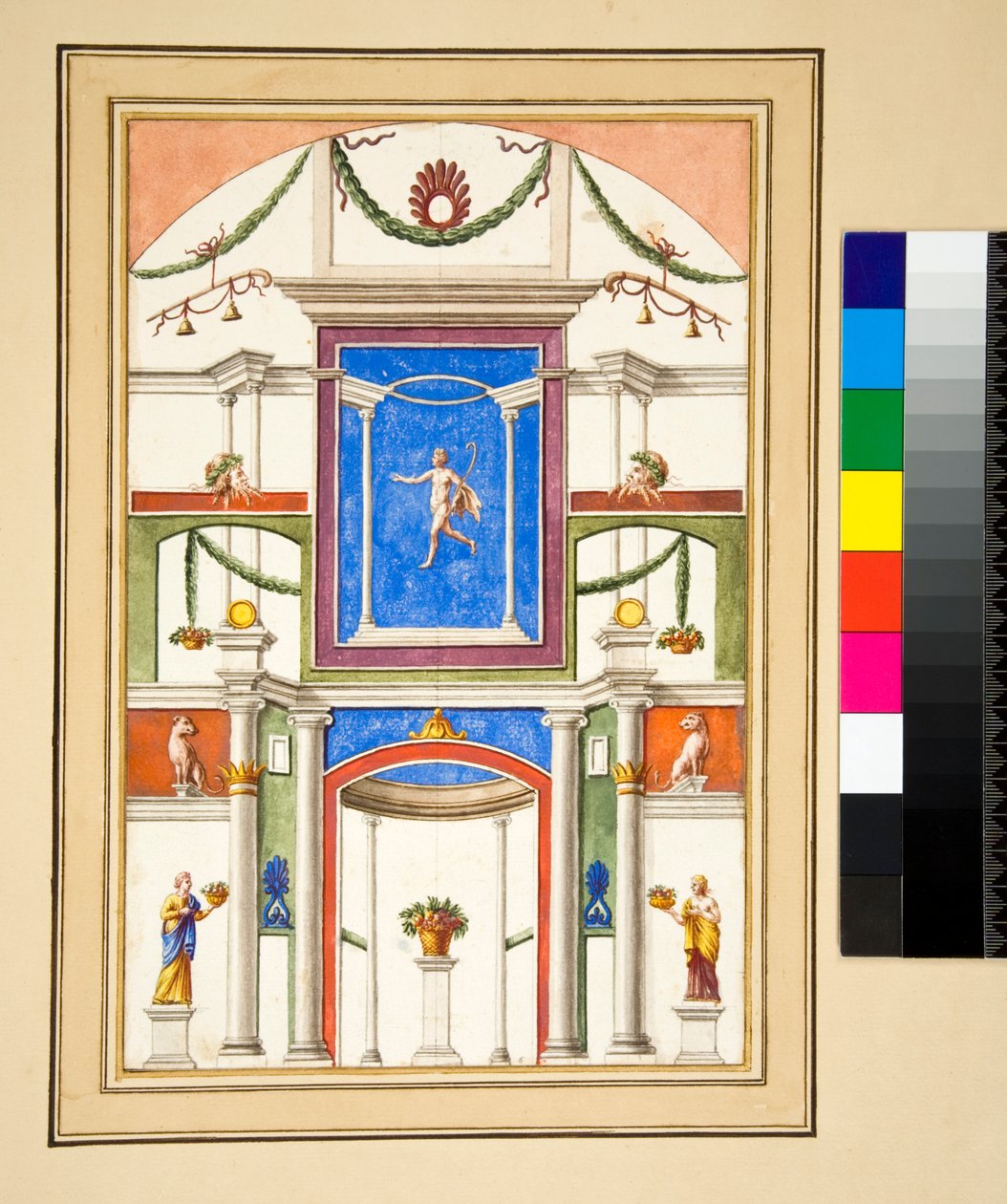En dekorerad vägg (svart krita, en del med penna och brunt bläck. färgad med akvarell) av Pietro Santi Bartoli