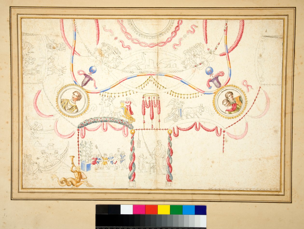 En design för ett tak med man och hustru (byster) i central cirkel (svart krita, en del med penna och brunt bläck. färgad med akvarell) av Pietro Santi Bartoli