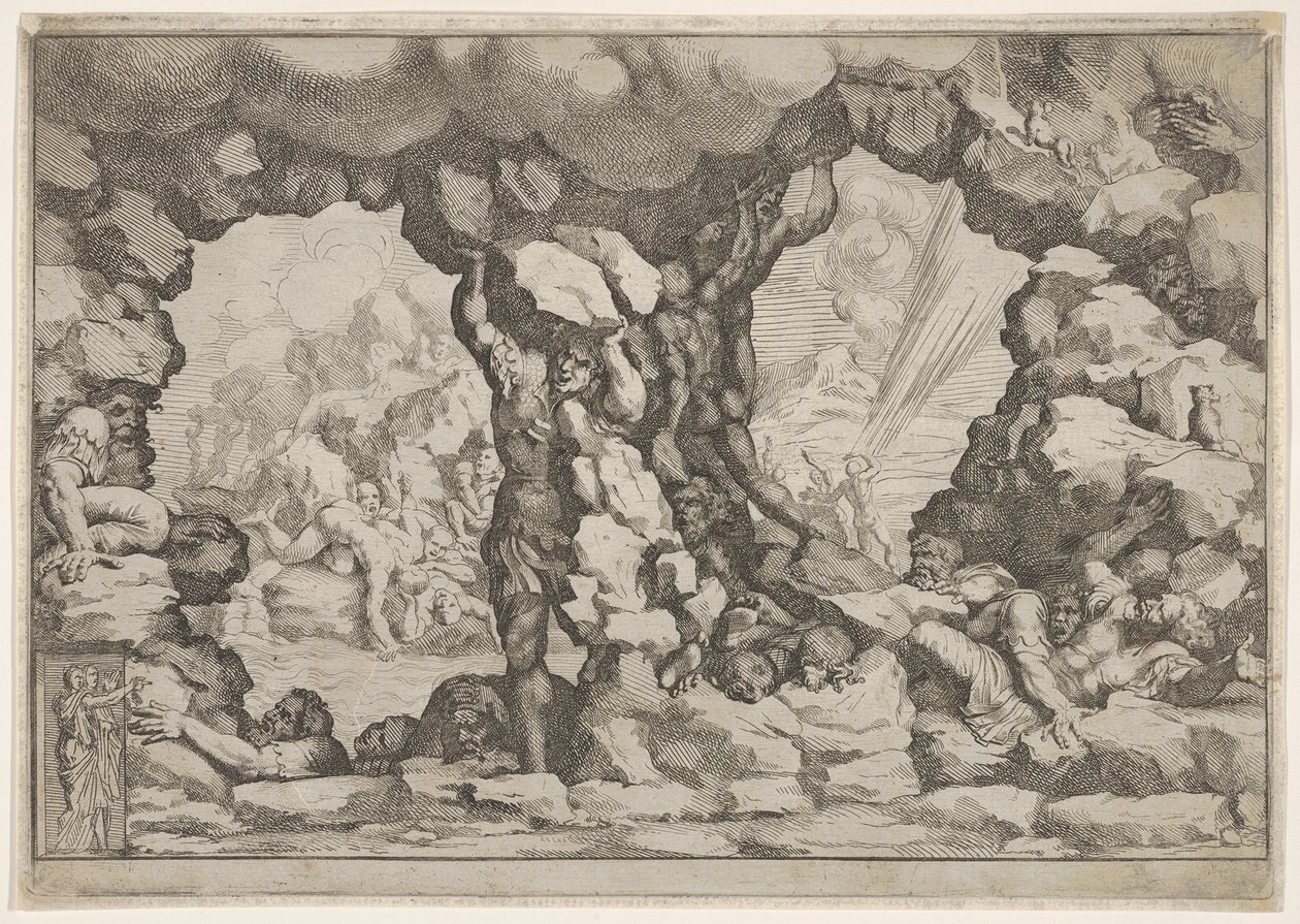 En jätte som lyfter ett stenblock i mitten, andra jättar till vänster och höger kämpar och rec..., ca. 1680. av Pietro Santi Bartoli