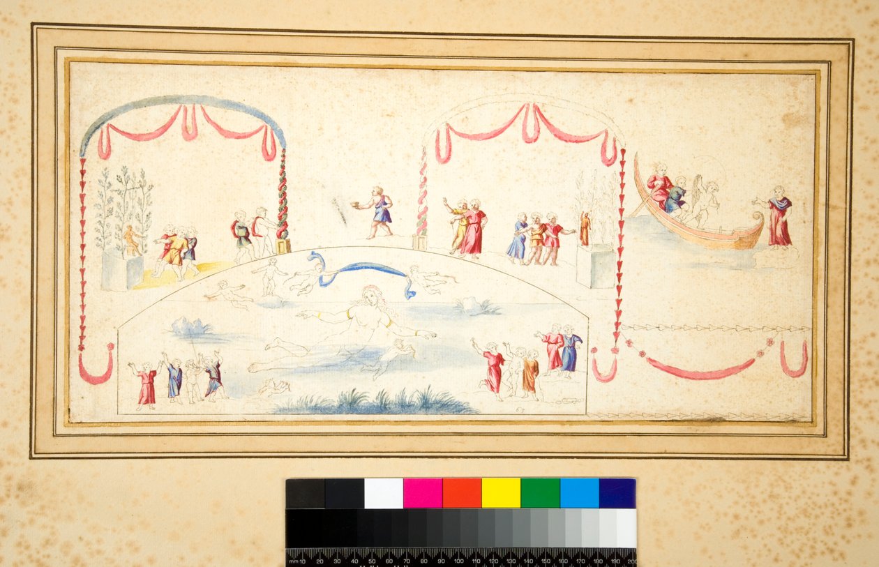Afrodite simmar med många puttar runt sig (svart krita, några med penna och brunt bläck. färgad med akvarell) av Pietro Santi Bartoli