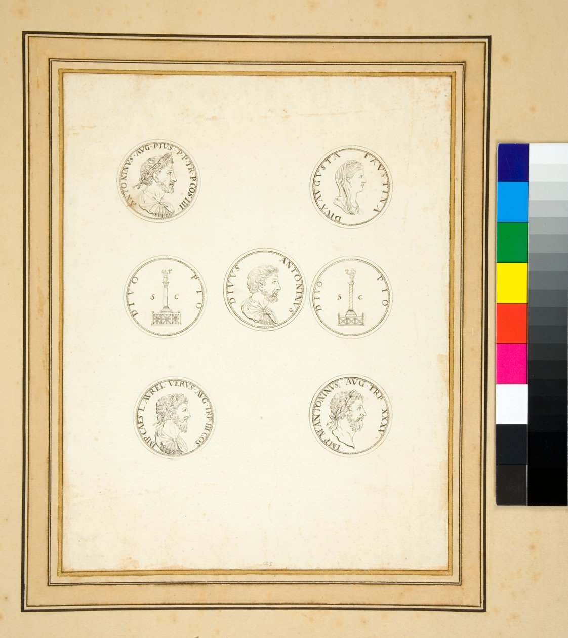 Mynt som visar Antoninus Pius kolumn (bläck) av Pietro Santi Bartoli