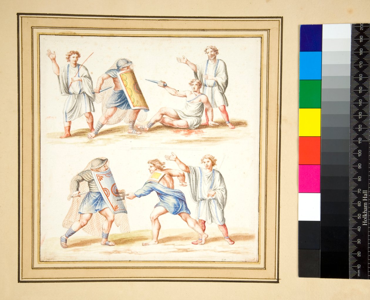 Kopia av en mosaik av en kamp mellan en secutor och en retiariu (svart krita, en del med penna och brunt bläck. färgad med akvarell) av Pietro Santi Bartoli