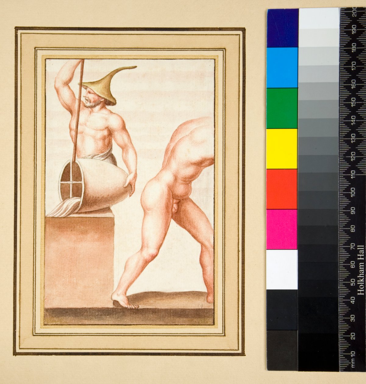 Kopia av en mosaik av en man med spetsig mössa som häller från vas. (svart krita, en del med penna och brunt bläck. färgad med akvarell) av Pietro Santi Bartoli