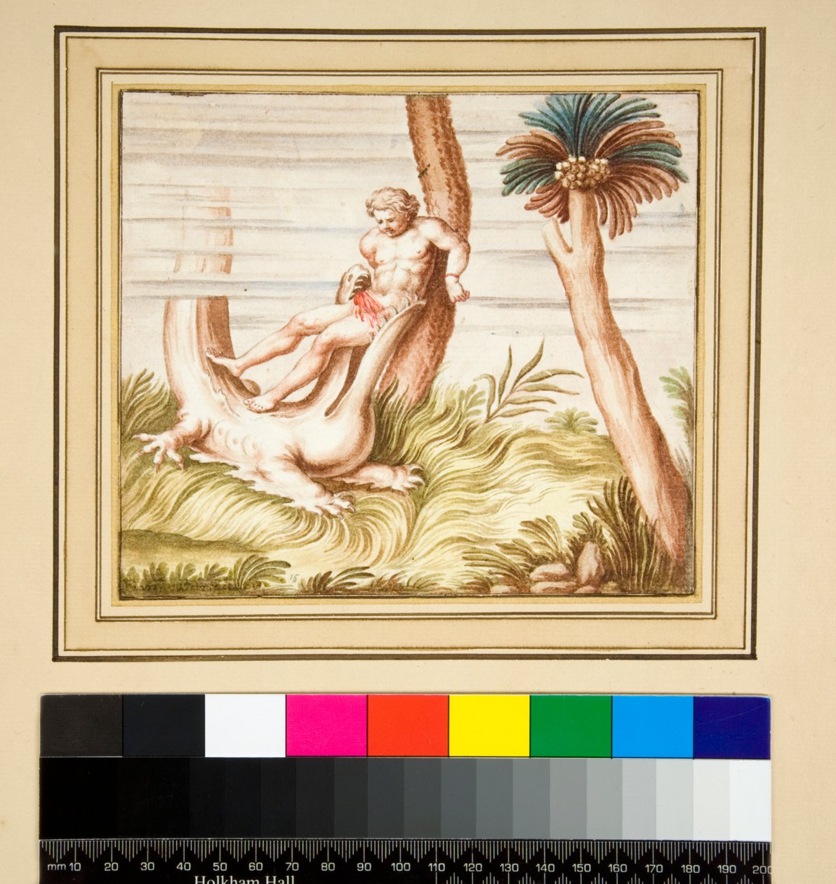 Kopia av en mosaik av människa och krokodil (svart krita, en del med penna och brunt bläck. färgad med akvarell) av Pietro Santi Bartoli