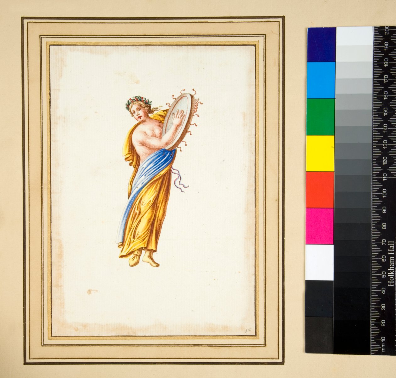 Draperad figur som slår en trumma (svart krita, en del med penna och brunt bläck. färgad med akvarell) av Pietro Santi Bartoli