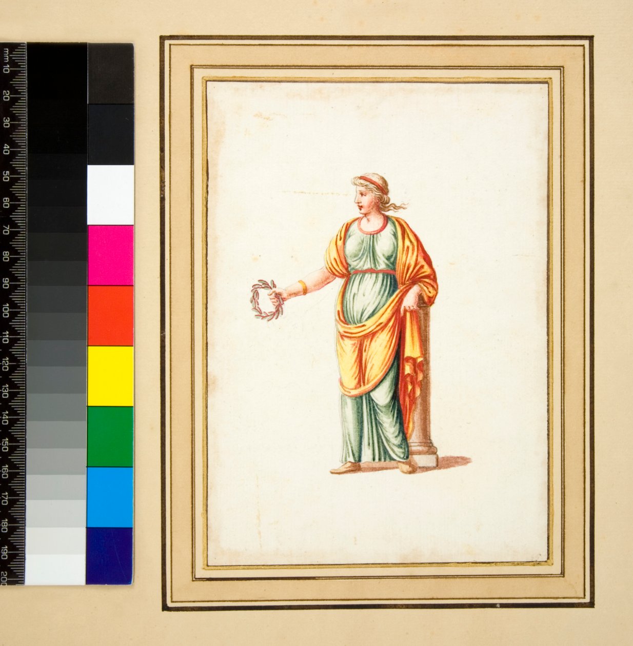 Kvinnlig figur vänt till åskådarens vänster (svart krita, en del med penna och brunt bläck. färgad med akvarell) av Pietro Santi Bartoli