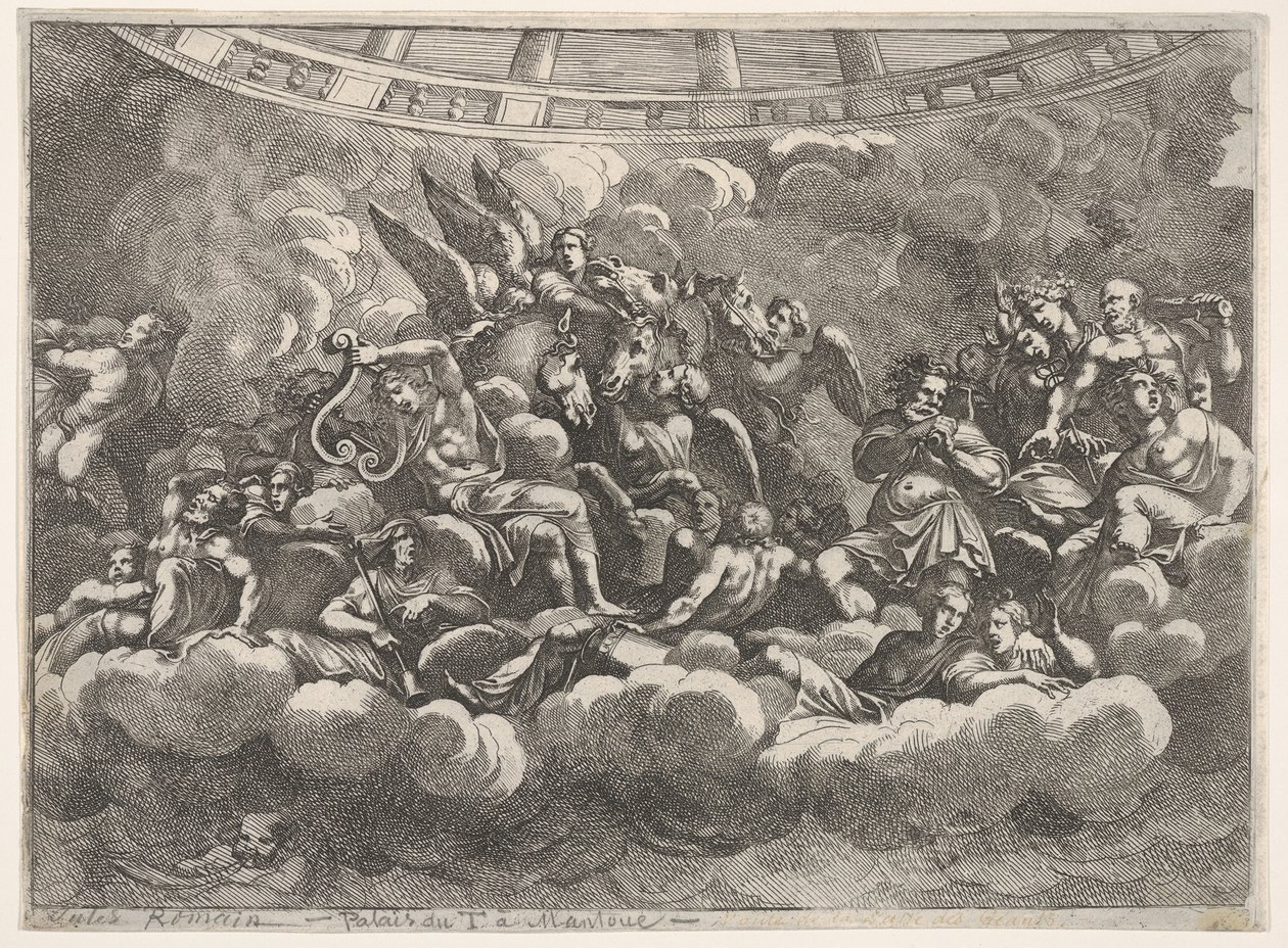 Samling av olika olympiska gudar och mytologiska figurer bland moln, Apollo at ce..., ca. 1680. av Pietro Santi Bartoli