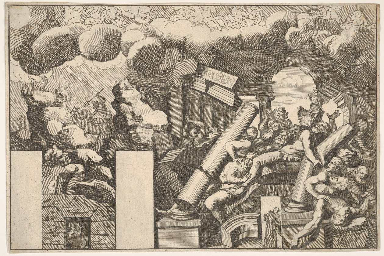 Jättar krossade av stenar och templets fallande pelare, rökmoln ovanför..., ca. 1680. av Pietro Santi Bartoli