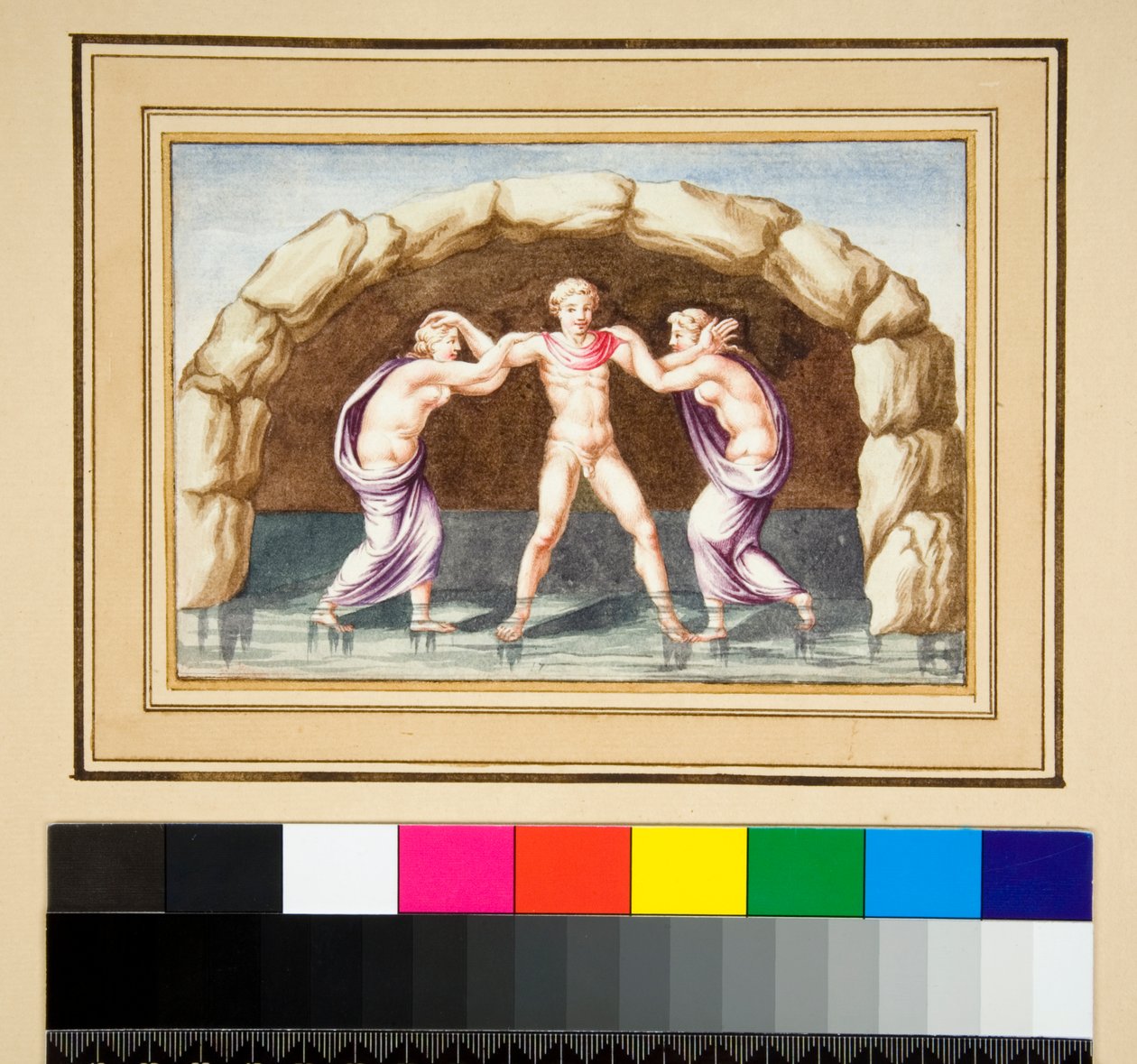 Hylas och nymferna (svart krita, några med penna och brunt bläck. färgad med akvarell) av Pietro Santi Bartoli