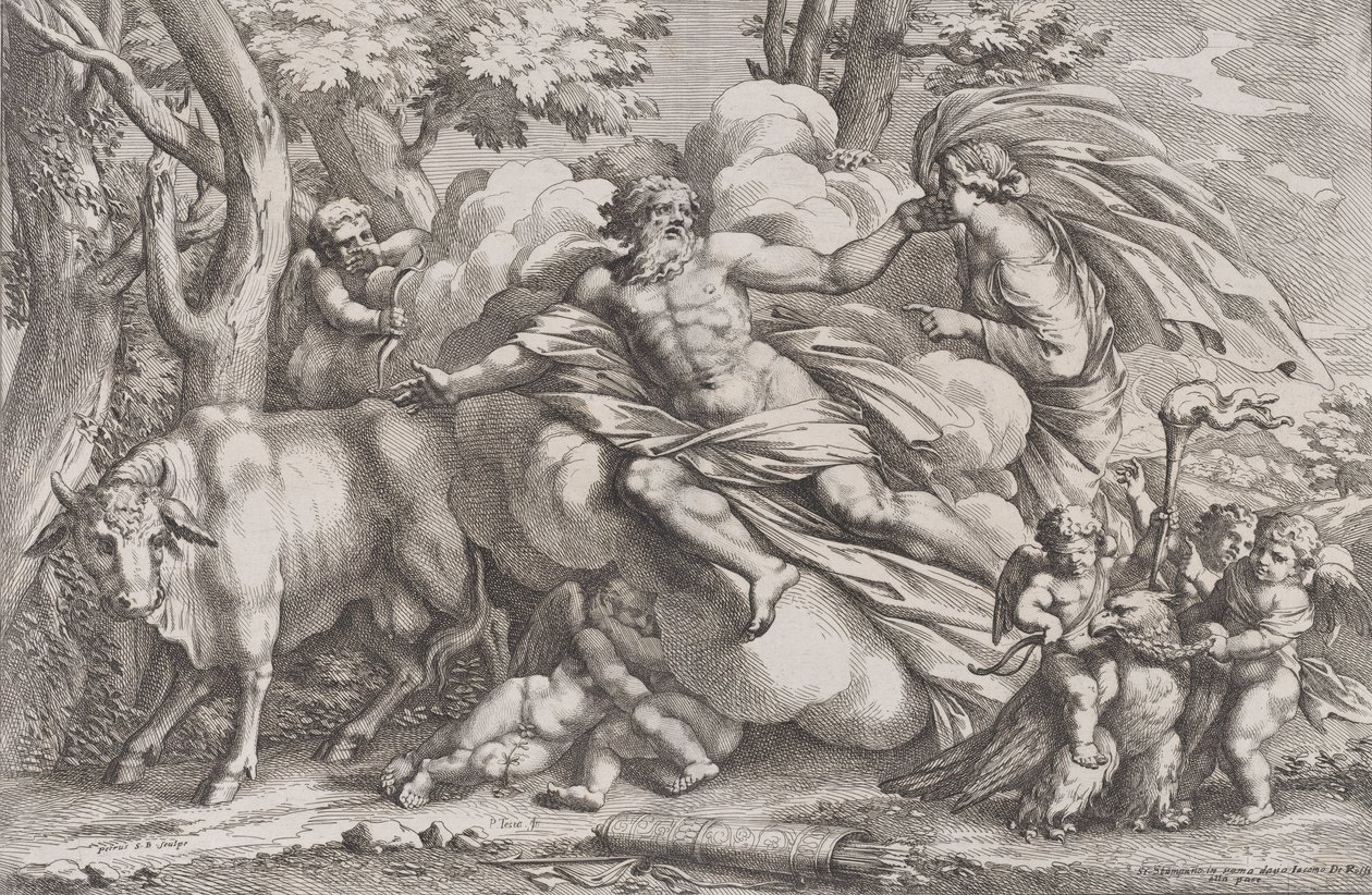 Io till vänster som en ko, Jupiter på ett moln i mitten och Juno till höger med pu..., 1650-90. av Pietro Santi Bartoli