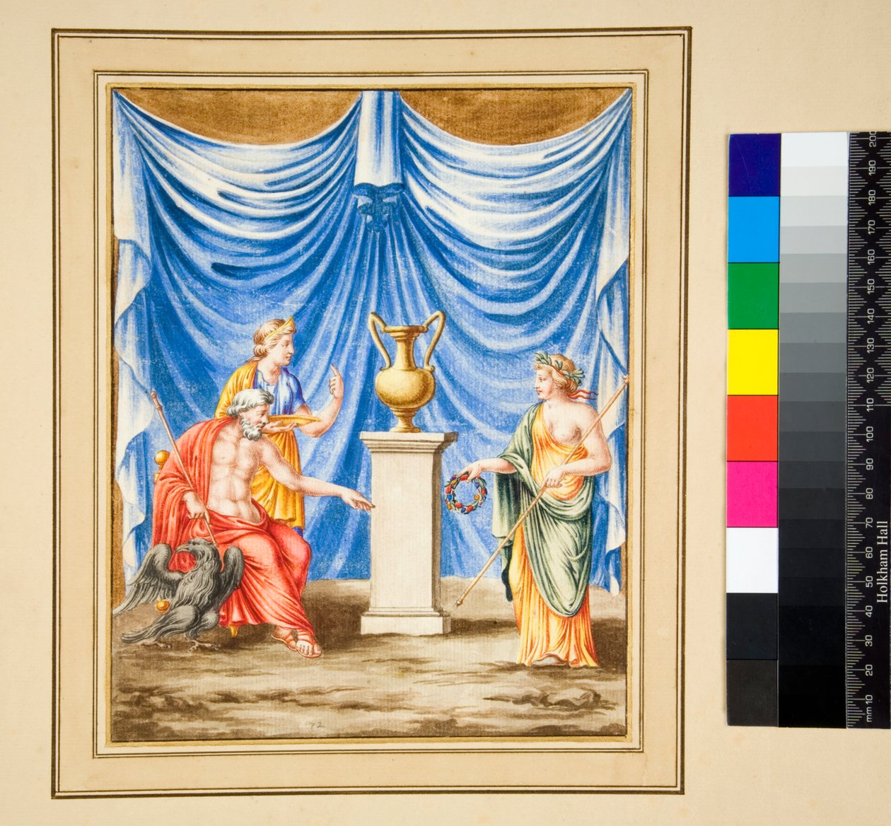 Jupiter sitter till vänster med en örn och en kvinnlig figur (svart krita, en del med penna och brunt bläck. färgad med akvarell) av Pietro Santi Bartoli