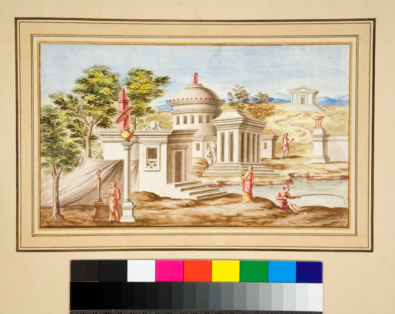 Stor design av en vägg med målningar. (svart krita, en del med penna och brunt bläck. färgad med akvarell) av Pietro Santi Bartoli