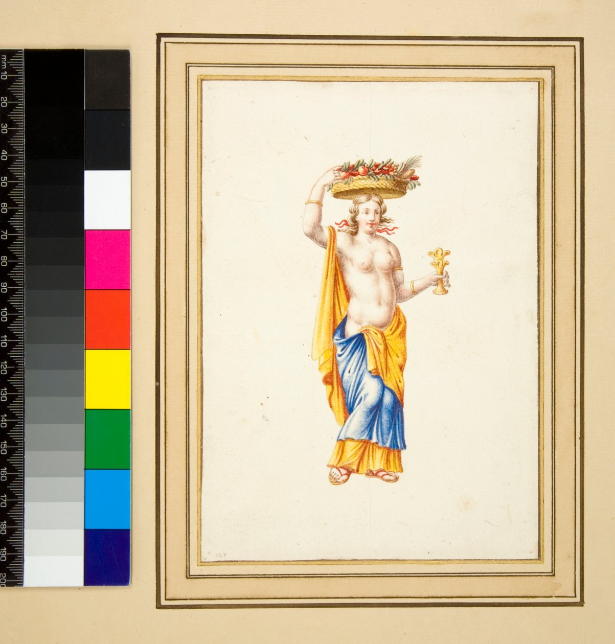 Stor design av en vägg med målningar. (svart krita, en del med penna och brunt bläck. färgad med akvarell) av Pietro Santi Bartoli