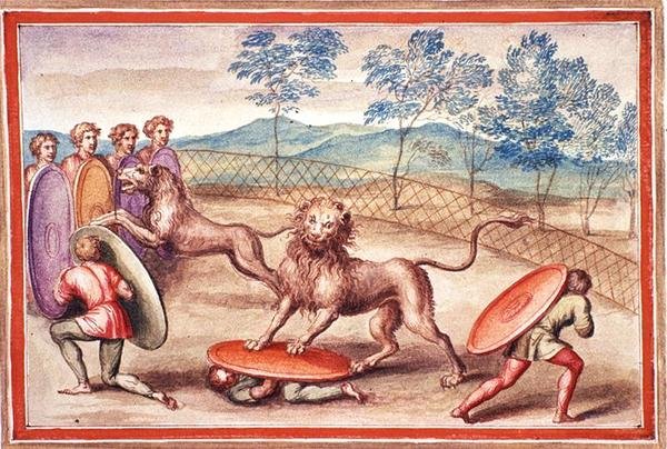 Ms Gen 1496 f.18 Lion taming av Pietro Santi Bartoli