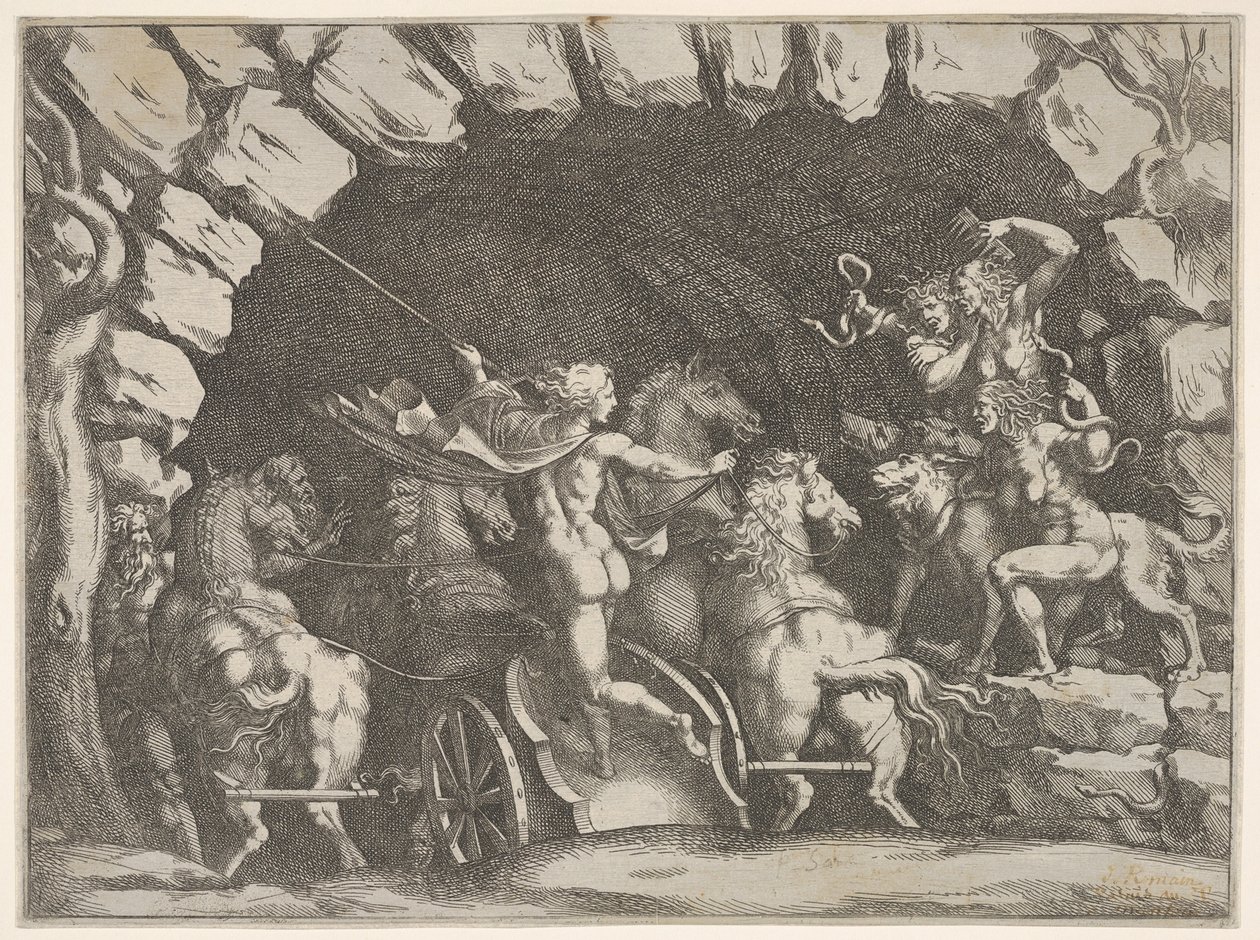 Pluto, sedd bakifrån, går in i Underjorden på sin vagn, Cerberus och tre Fu..., ca. 1680. av Pietro Santi Bartoli